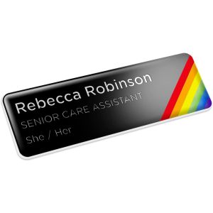 Black Name Badge With Pride Stripes, Job Title and Pronouns