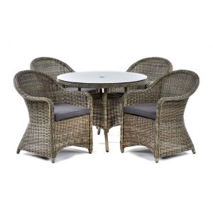 Regent Rattan Dining Table Set – 100cm Glass Topped Round Table with 4 Armchairs – Dark Grey Cushions Included