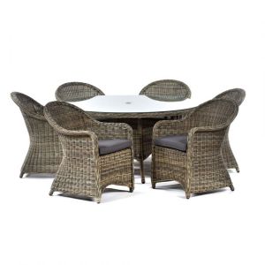 Regent Rattan Dining Table Set – 150cm Glass Topped Round Table with 6 Armchairs – Dark Grey Cushions Included